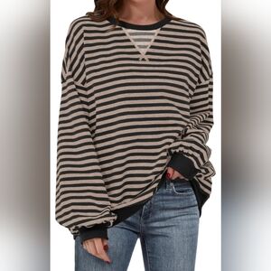 Women Striped Sweatshirts Oversized Crewneck Long Sleeve Shirts Y2K Pullover Top